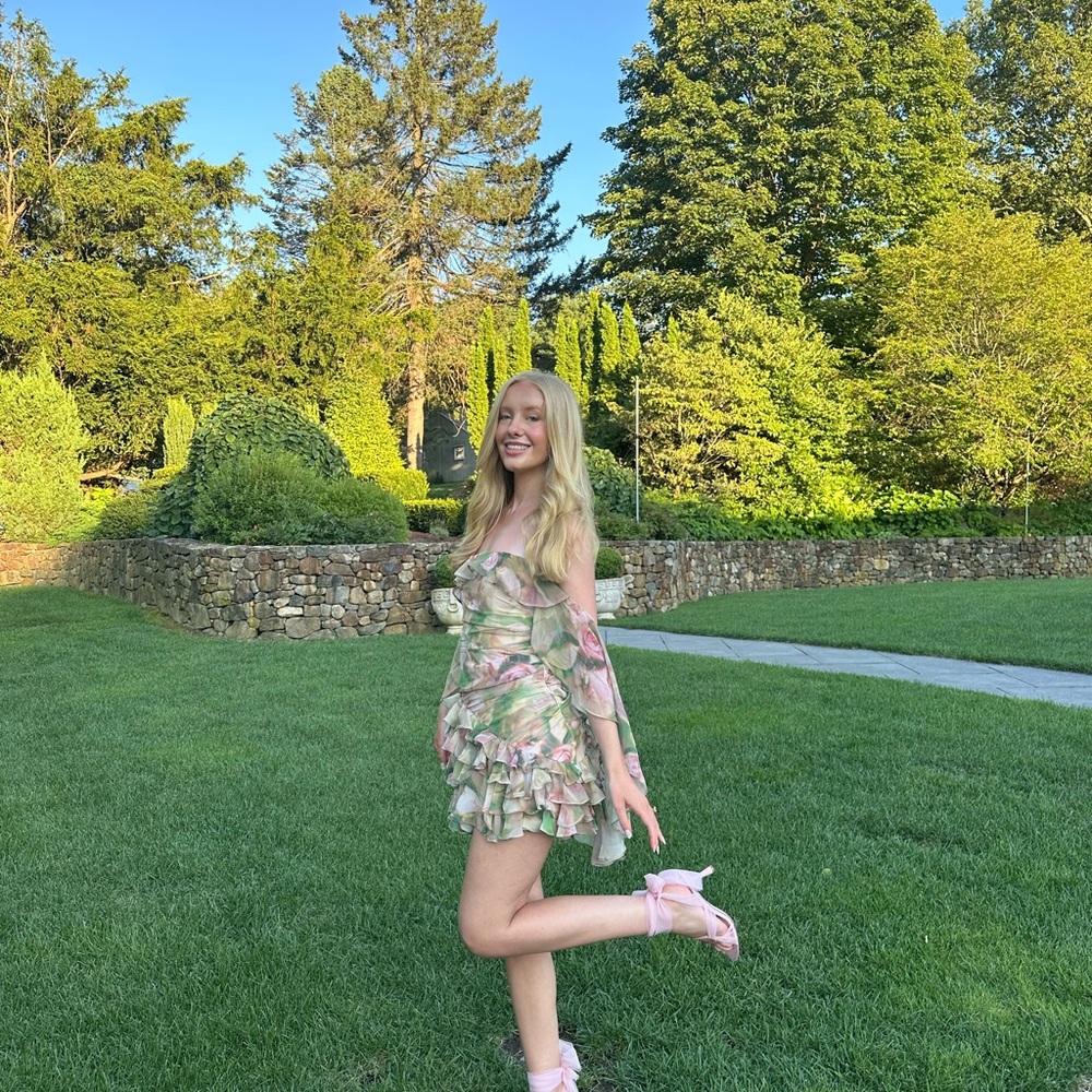 Oh Polly Birdie off-shoulder mini dress floral
